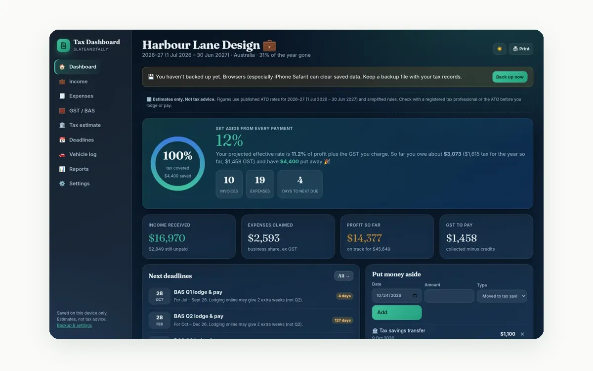 Screenshot of the Sole Trader Tax & BAS app by SlateAndTally