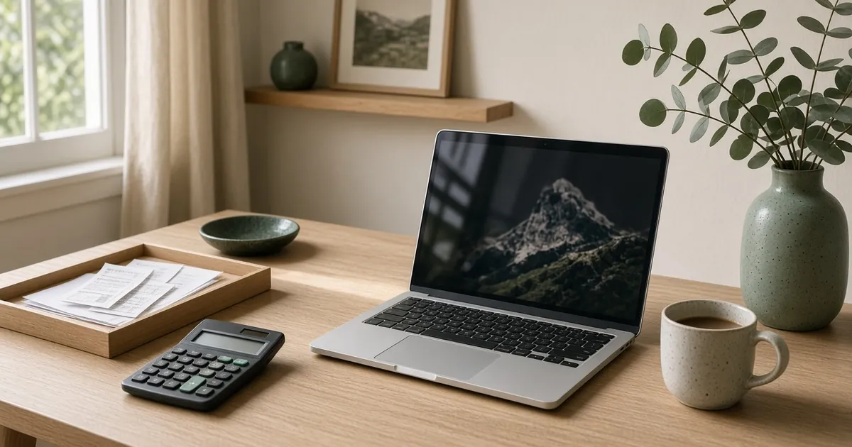 A tidy home office desk with a laptop, calculator and a tray of receipts
