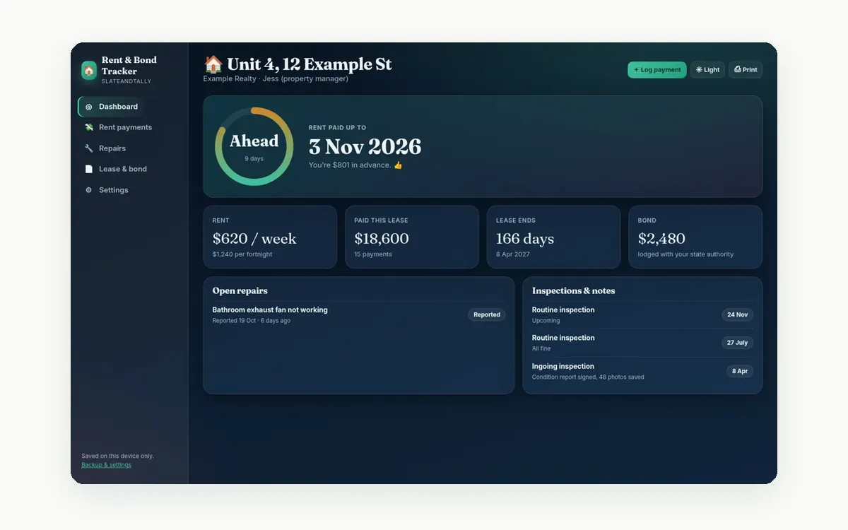 Screenshot of the Rent & Bond Tracker app by SlateAndTally
