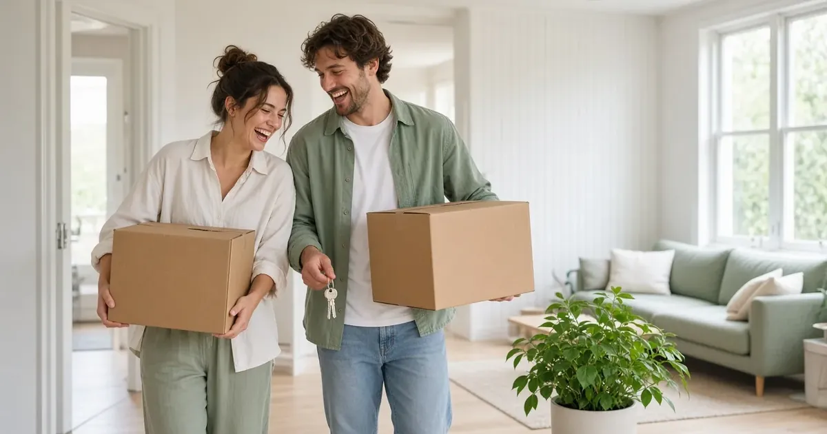 A couple carrying moving boxes into a new rental