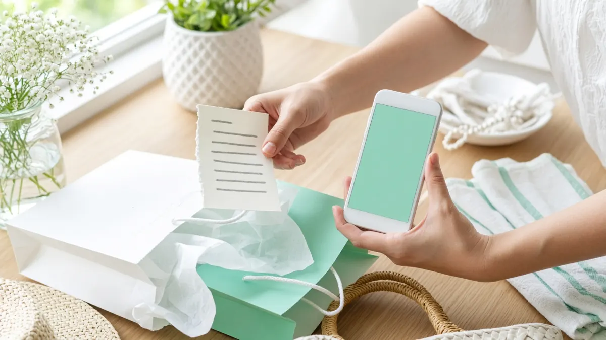 Hands holding a short shopping list and a phone beside shopping bags on a light timber table
