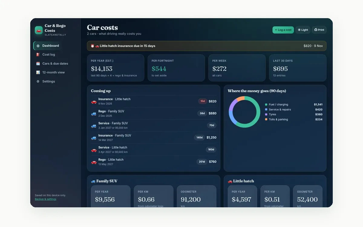 Screenshot of the Car & Rego Costs app by SlateAndTally