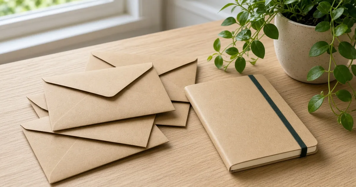 Kraft paper budget envelopes and a notebook on a timber table