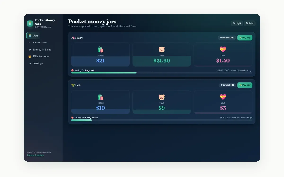 Screenshot of the Pocket Money Jars app by SlateAndTally