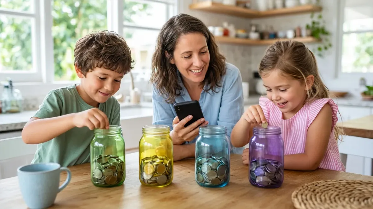 A parent and kids sorting coins into savings jars