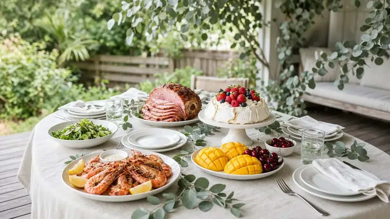 An outdoor Aussie Christmas lunch table with prawns, ham, salads, pavlova and summer fruit