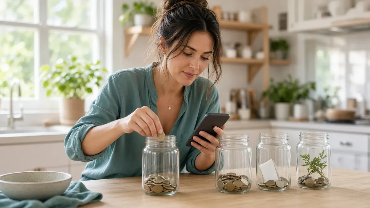 A woman putting savings into labelled jars at home