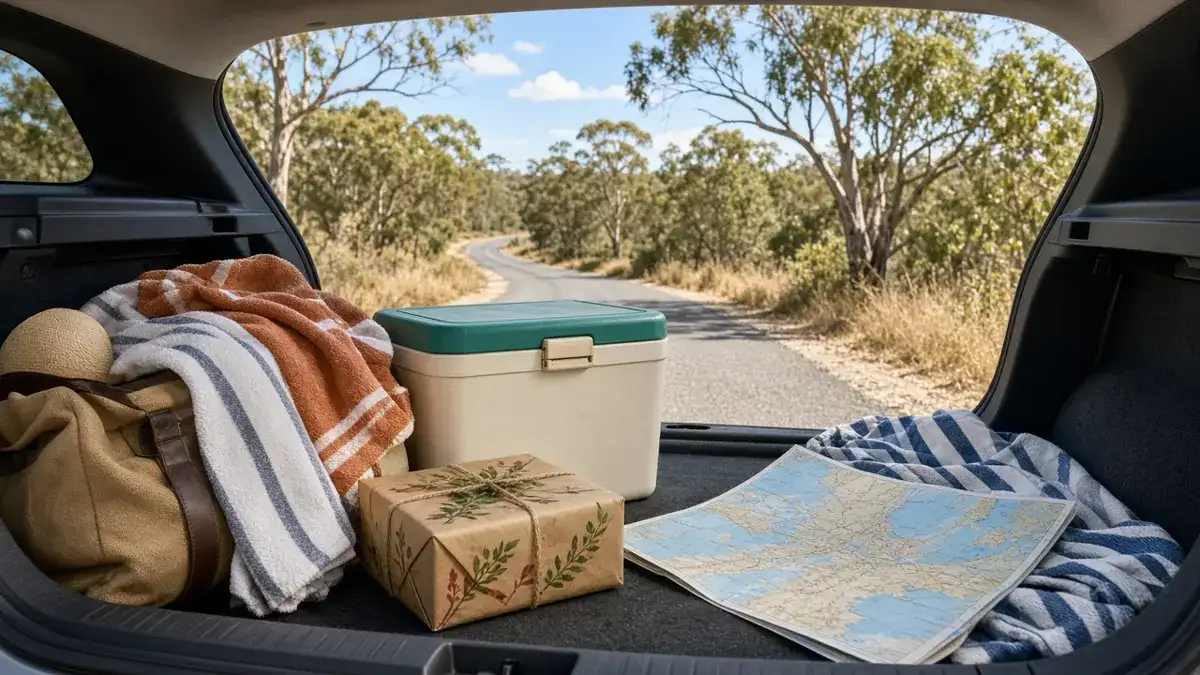 A packed car boot with an esky, beach towels, a wrapped present and a paper map, on a country road lined with gum trees