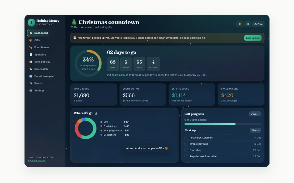 Screenshot of the Christmas Planner app by SlateAndTally