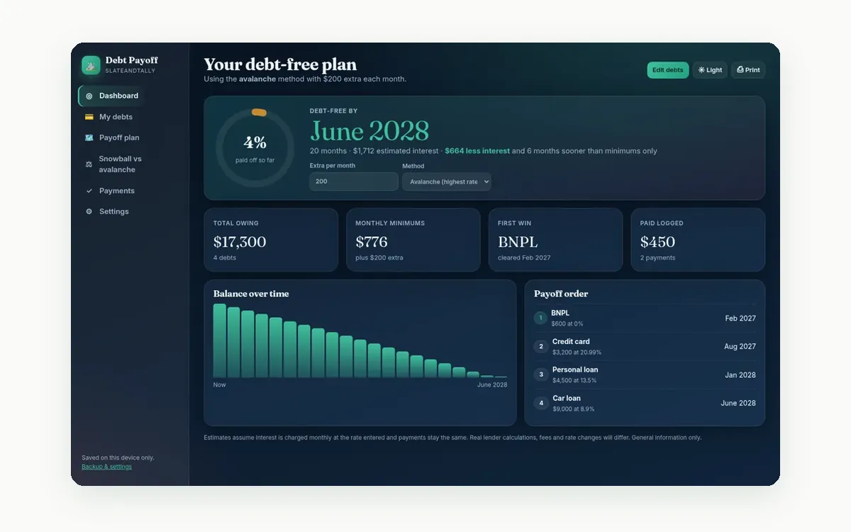 Screenshot of the Debt Payoff Planner app by SlateAndTally