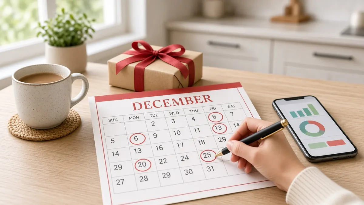 A hand circling paydays on a December calendar beside a coffee, a wrapped gift and a phone