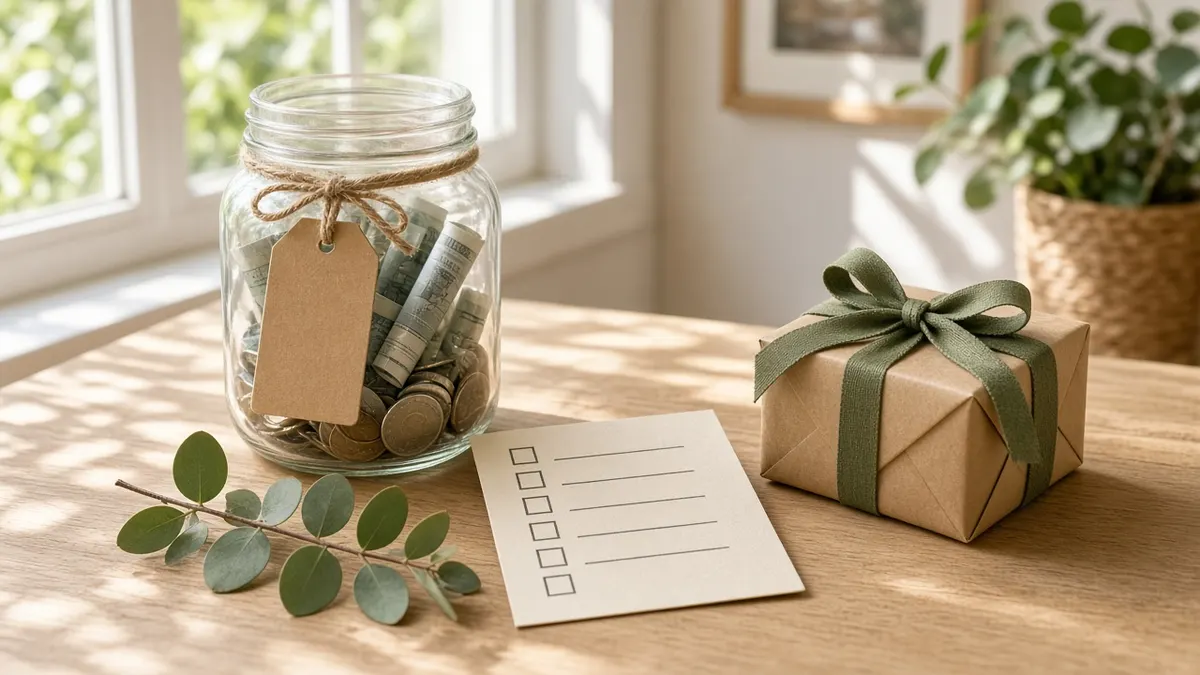 A glass savings jar of rolled notes and coins beside a checklist, gum leaves and a wrapped present on a sunny timber table