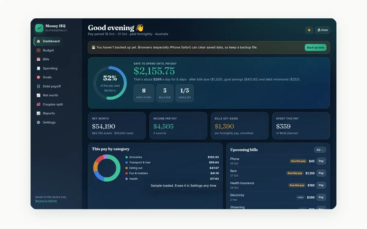 Screenshot of the Money HQ app by SlateAndTally