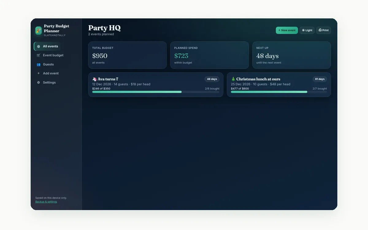 Screenshot of the Party Planner app by SlateAndTally