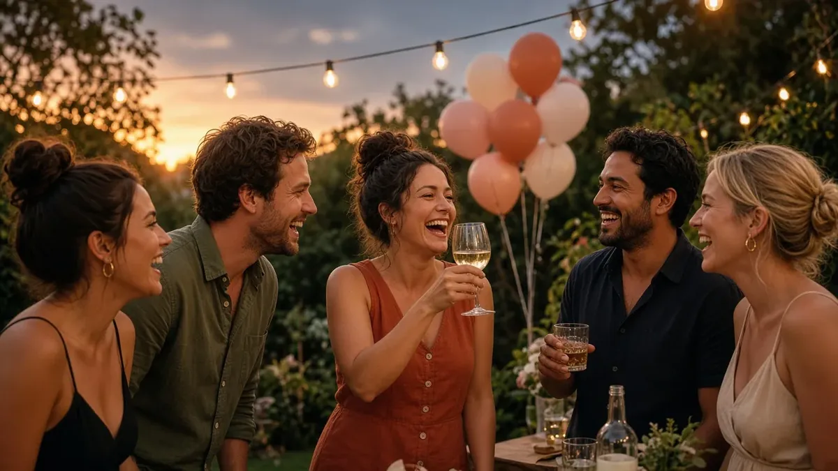 Friends celebrating at a relaxed backyard party