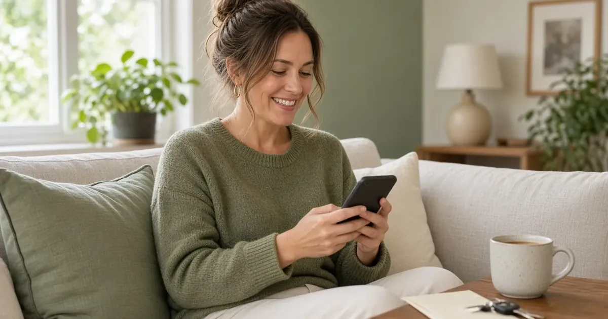 A woman checking her budget on her phone on the couch