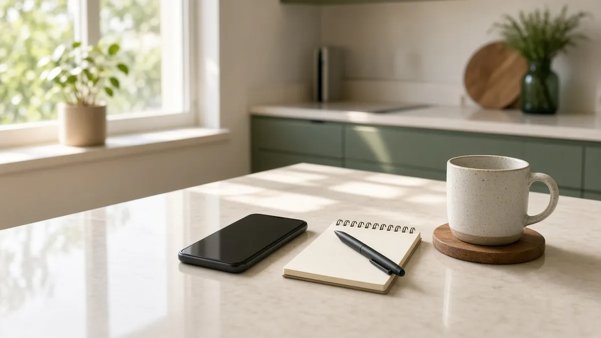 A phone, notepad and coffee on a sunny kitchen bench