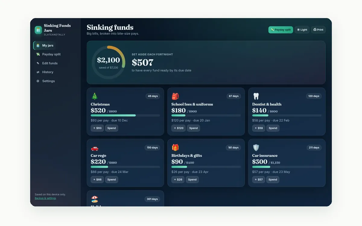 Screenshot of the Sinking Funds Jars app by SlateAndTally