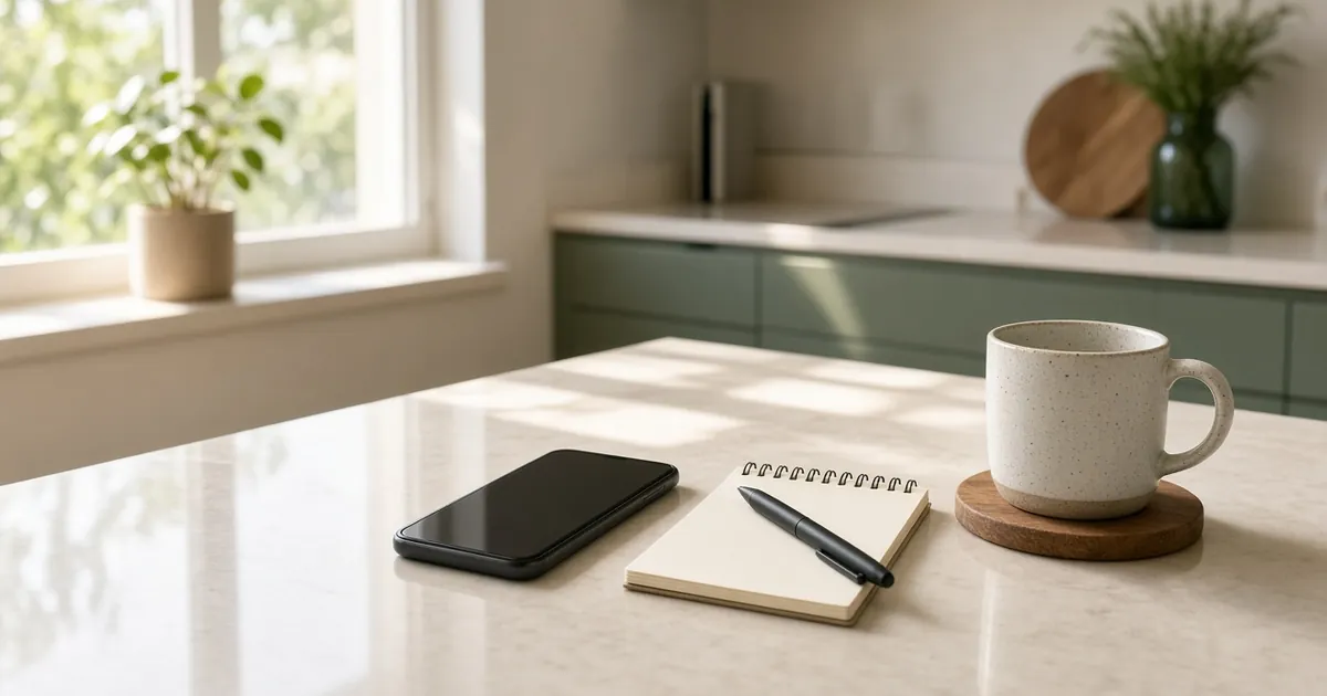A phone, notepad and coffee on a sunny kitchen bench