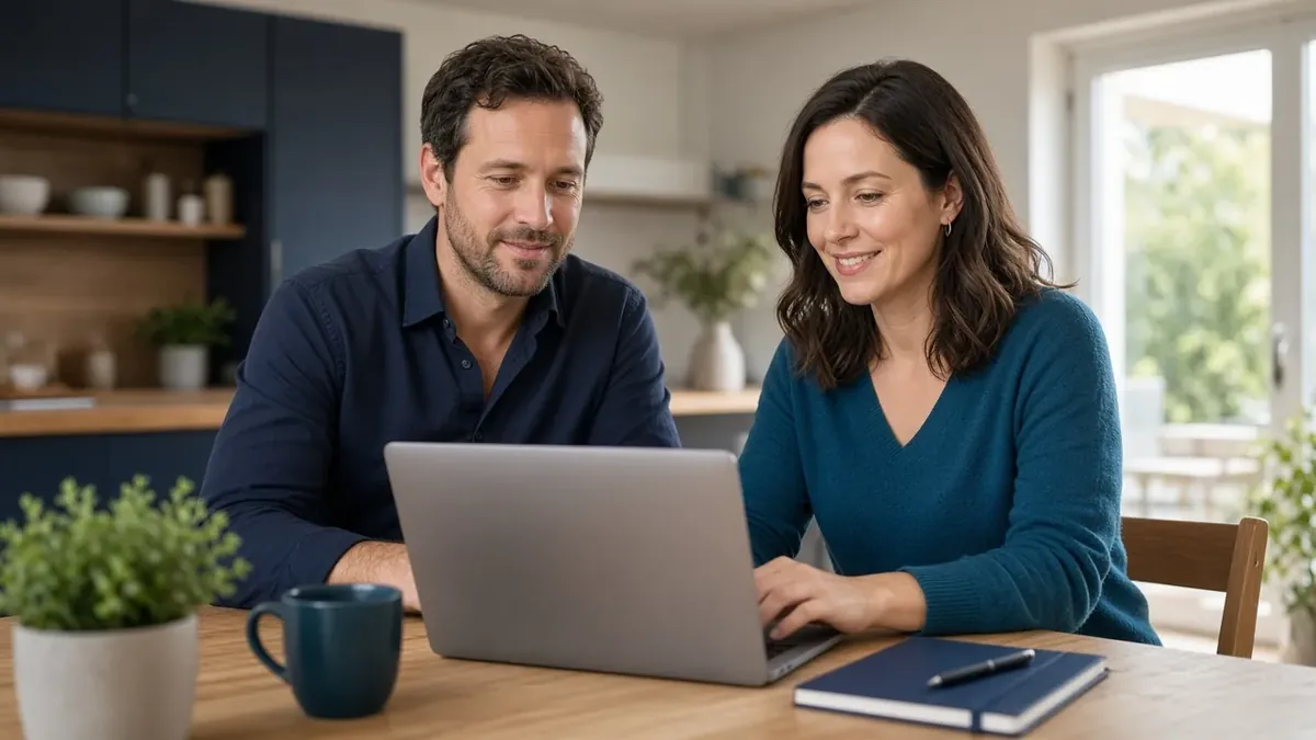 A couple checking their budget together on a laptop