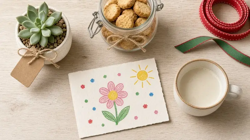 Simple handmade teacher gifts: a potted succulent, a jar of biscuits, a child's drawing card and a mug