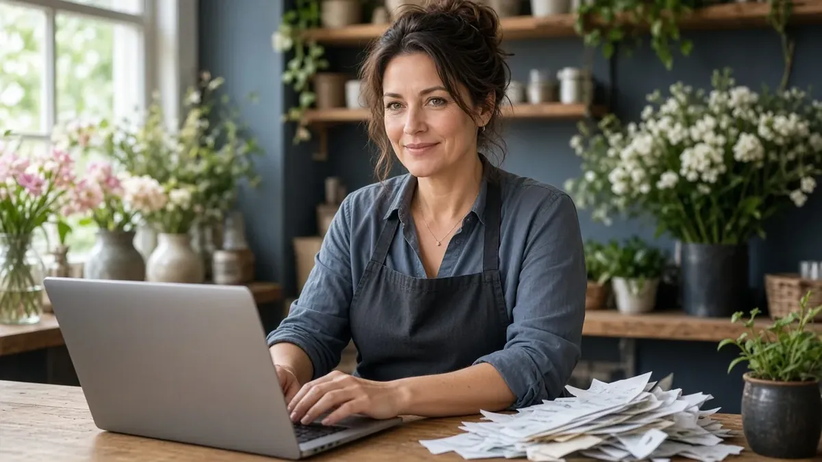 A sole trader doing her books at a laptop
