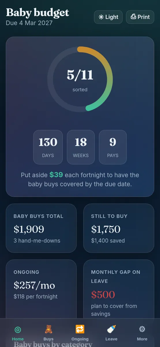 Baby Budget Planner on a phone