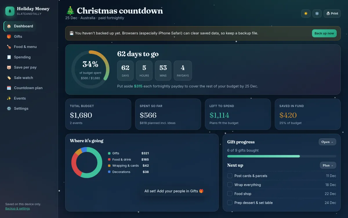 Christmas & Events Money Planner dashboard screenshot