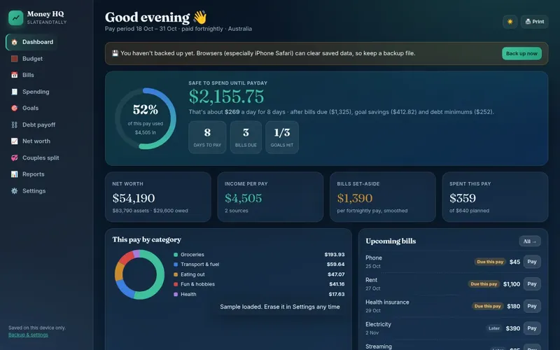 Screenshot of the Slate Money HQ app