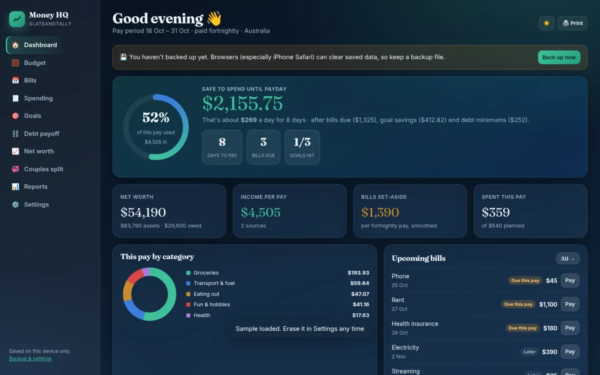 Slate Money HQ dashboard screenshot