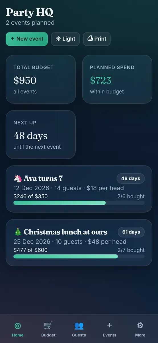 Party Budget Planner on a phone