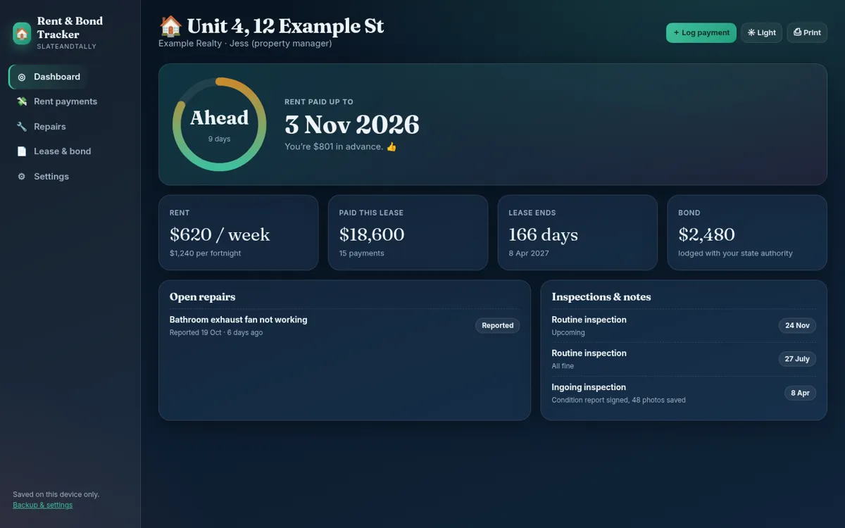 Rent & Bond Tracker dashboard screenshot