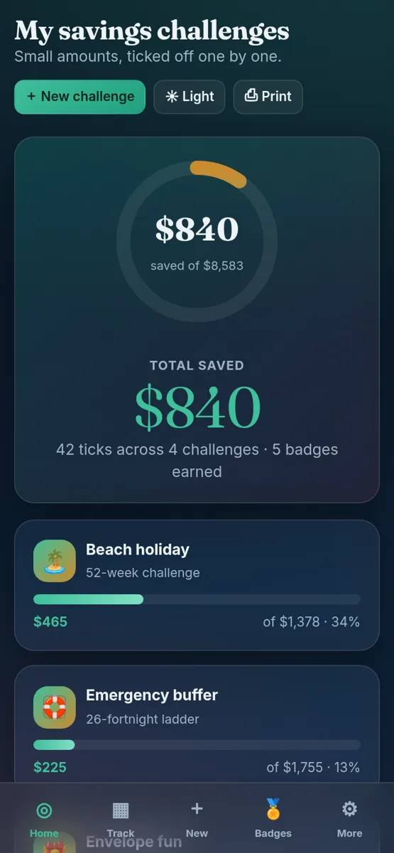 Savings Challenge Tracker on a phone