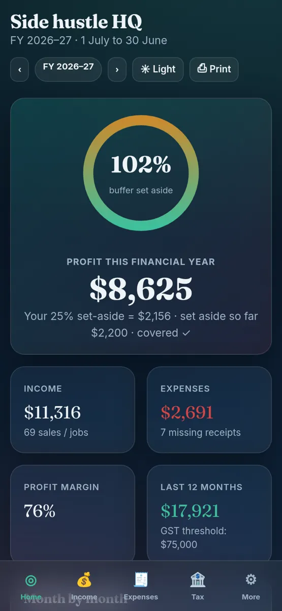 Side Hustle Income & Tax Tracker (AU) on a phone