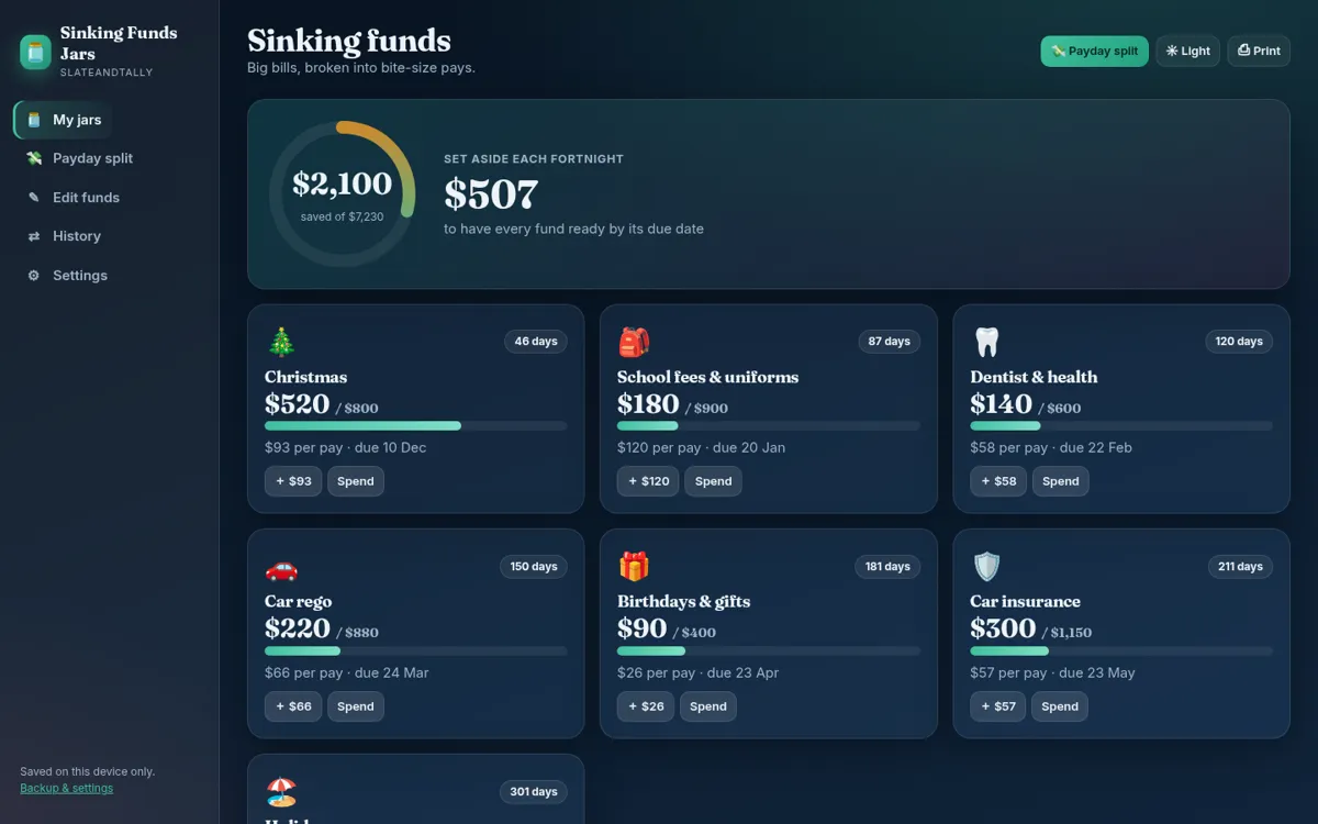 Sinking Funds Jars dashboard screenshot